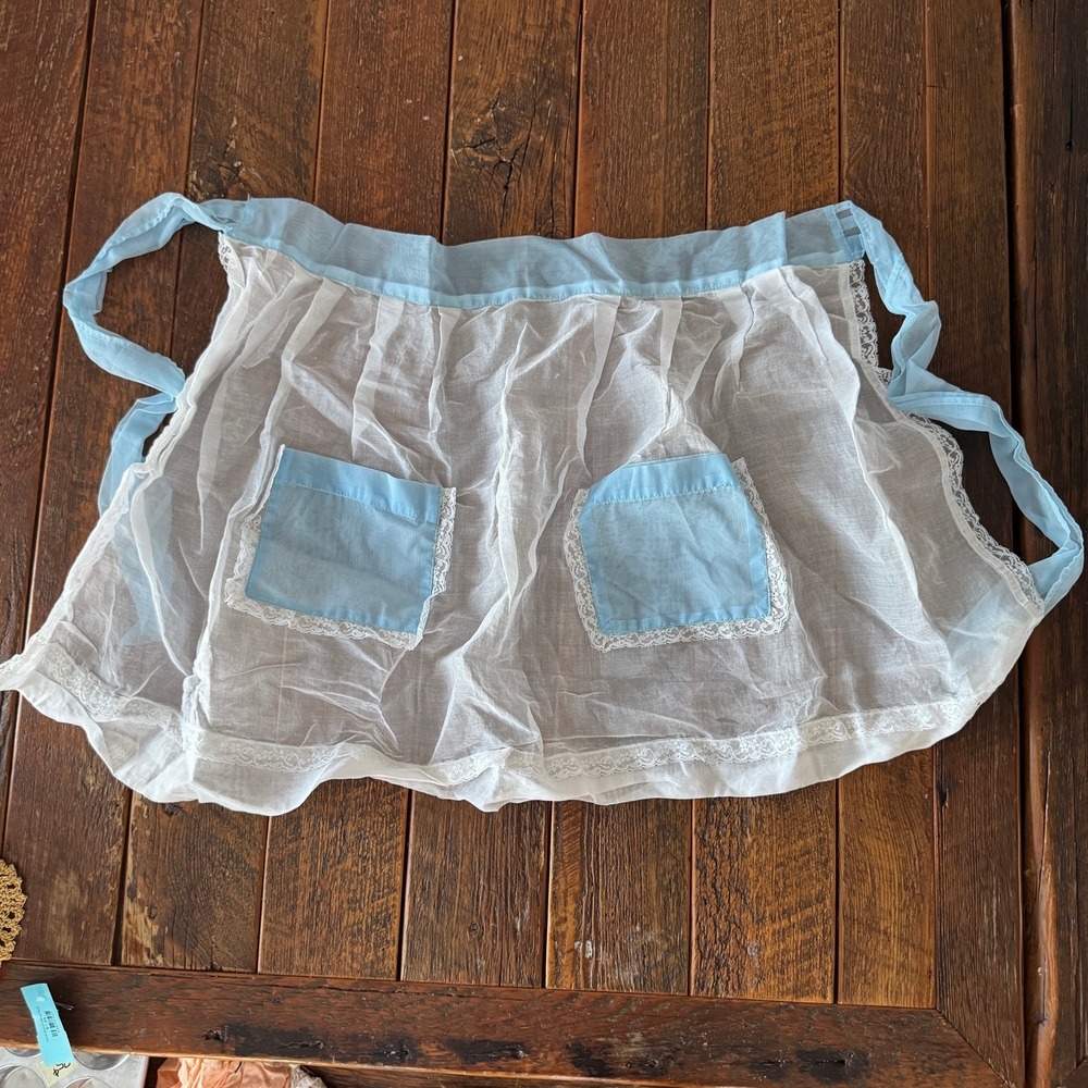 Vintage Sheer White Organza Half Apron Blue Lace Trim Pockets Retro 1950s Style